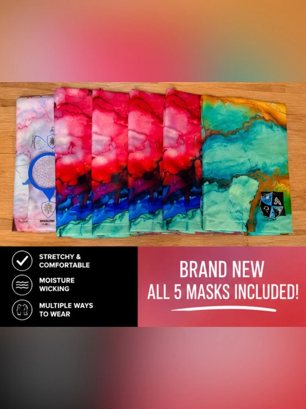 Colorful Tie-Dye Neck Gaiter / Face Mask Set of 5 New Face Coverings / shield
